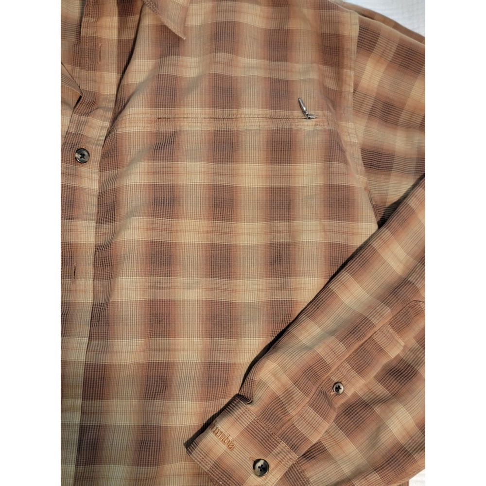 Columbia Men's Large Tan & Light Brwn Plaid Button-Down Long Sleeve Shirt w/ Zip - Picture 3 of 5